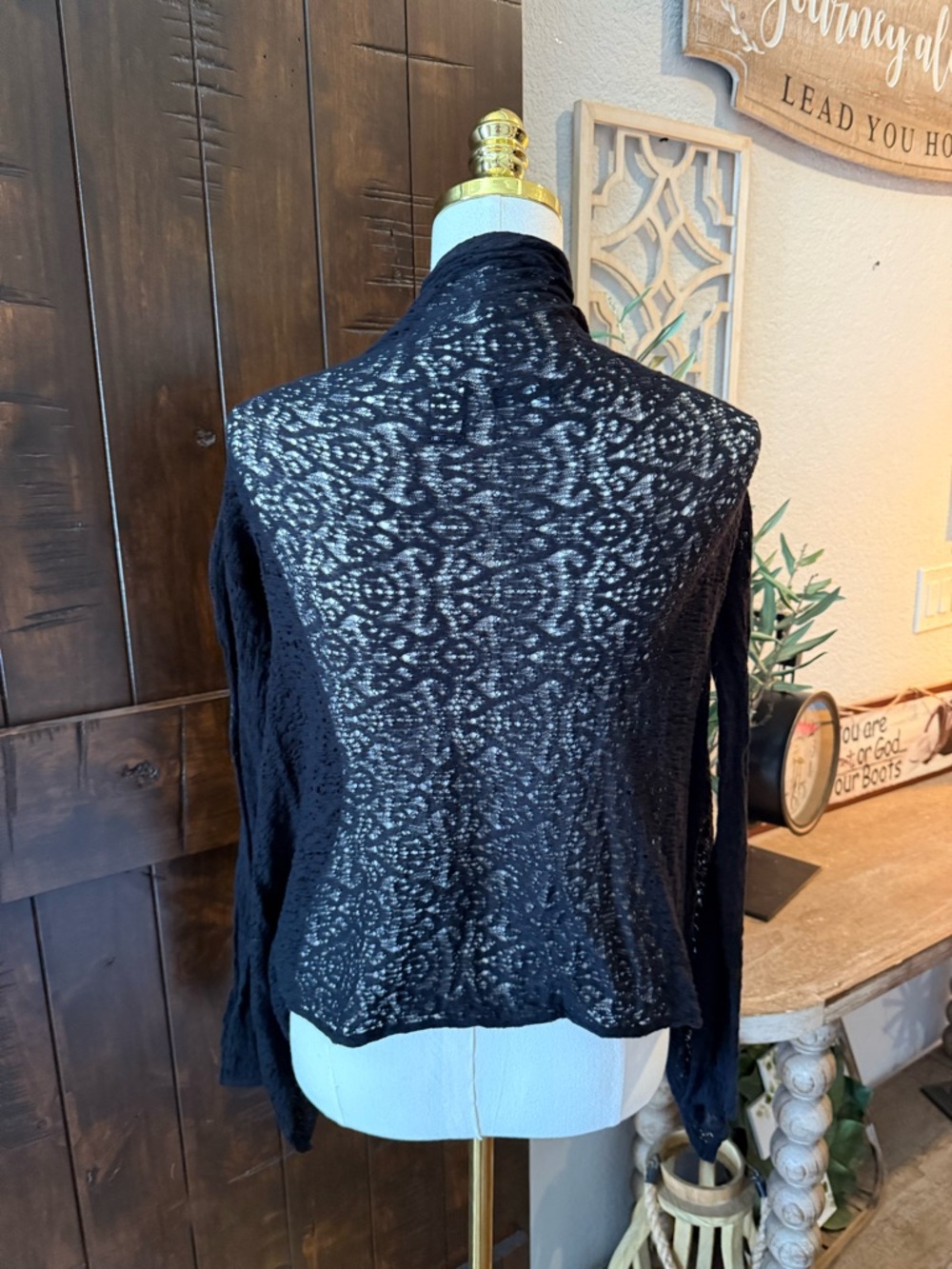 Y2K Vintage Moda International Black Sheer Lace Open-Front Draped Cardigan - Picture 3 of 4